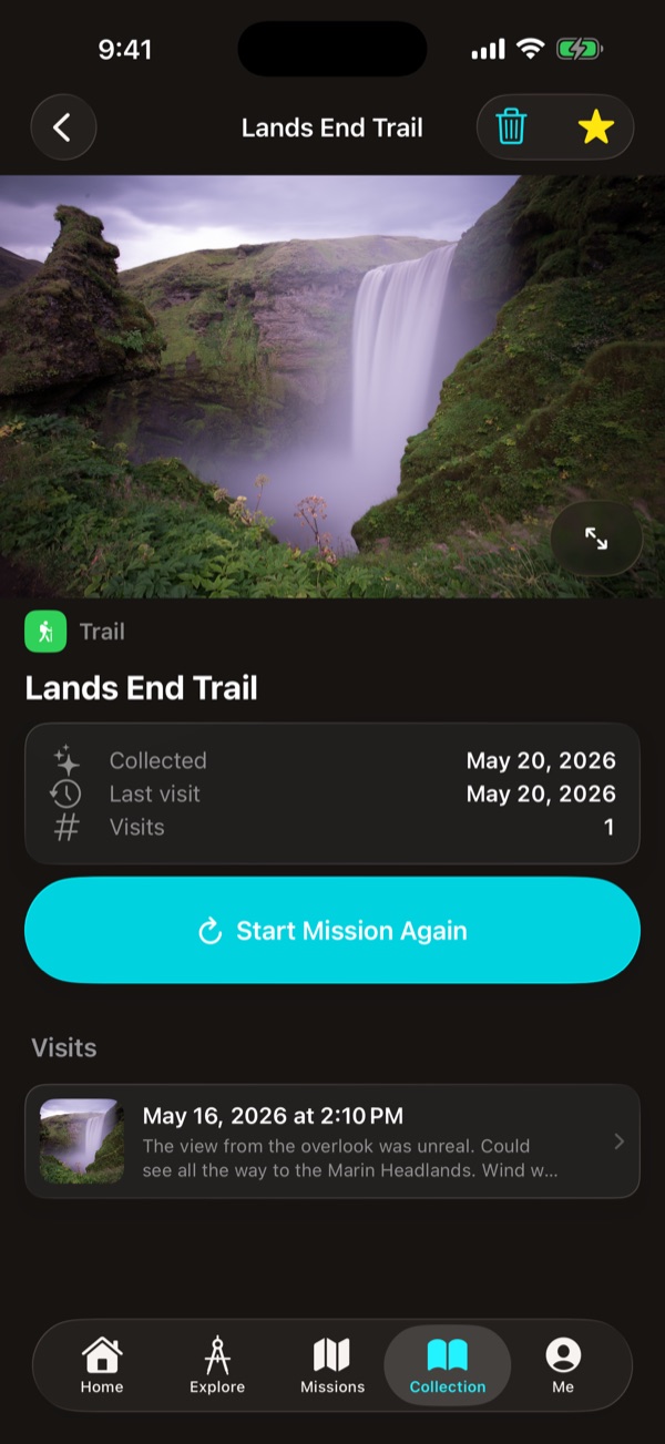 A dark-mode place card for Lands End Trail with a photo, dates, a Start Mission Again button, and a journal note.