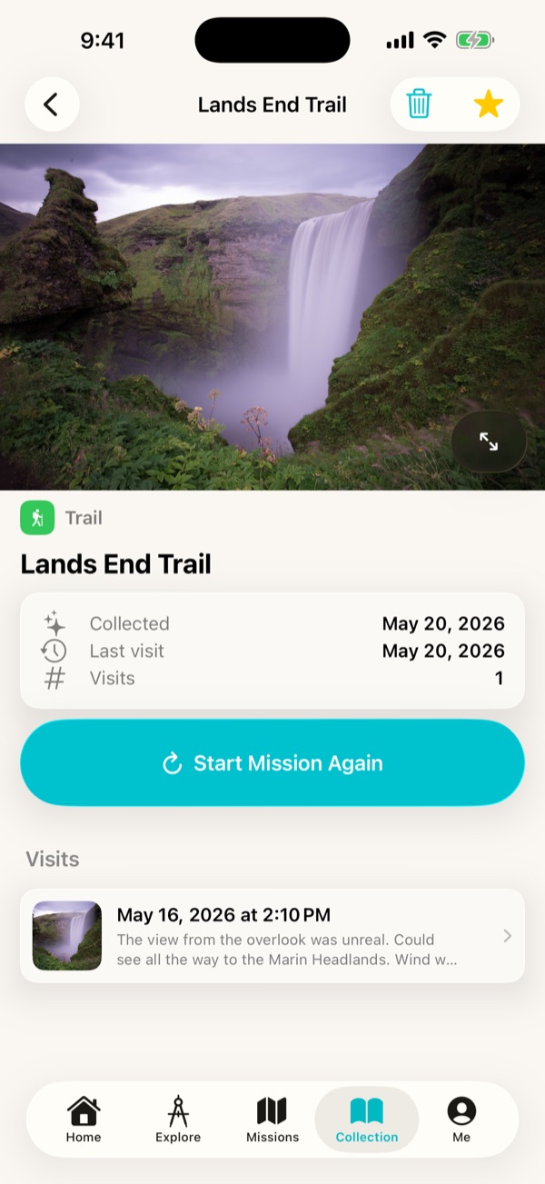 A place card for Lands End Trail with a photo, the dates collected and last visited, a Start Mission Again button, and a journal note from a past visit.