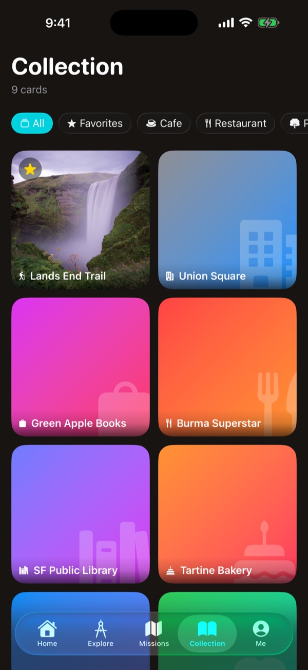 A dark-mode gallery of collected place cards with filter chips for All, Favorites, Cafe, and Restaurant.