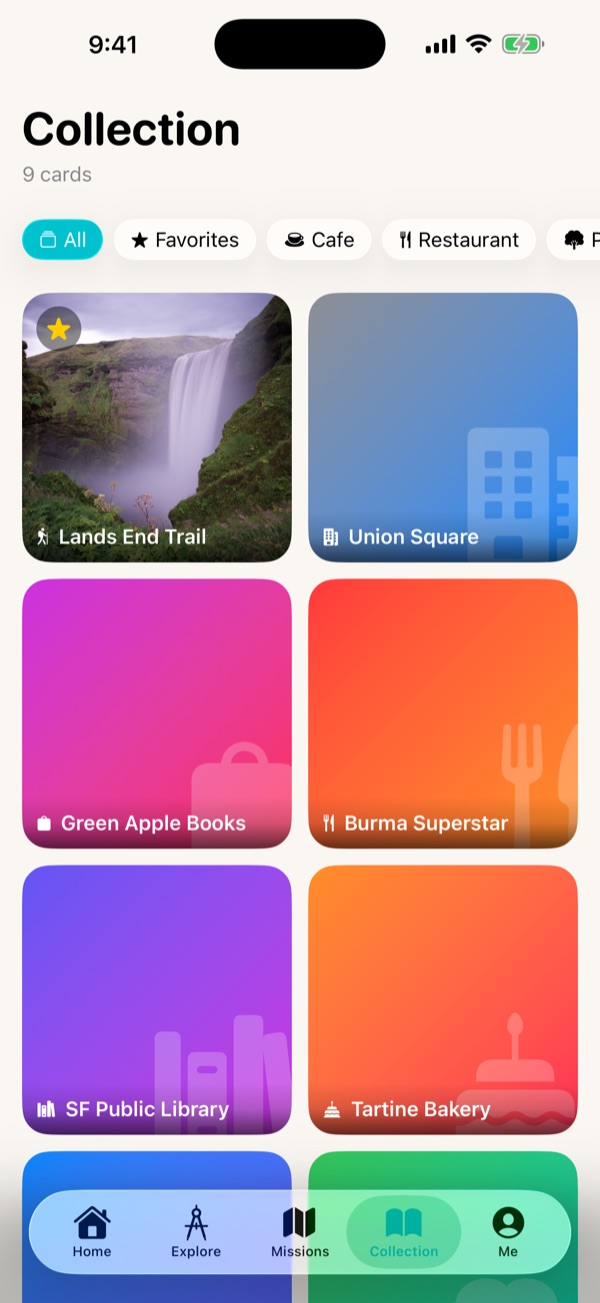 A gallery of collected place cards (Lands End Trail, Union Square, Green Apple Books, Burma Superstar, SF Public Library, Tartine Bakery) with filter chips for All, Favorites, Cafe, and Restaurant.