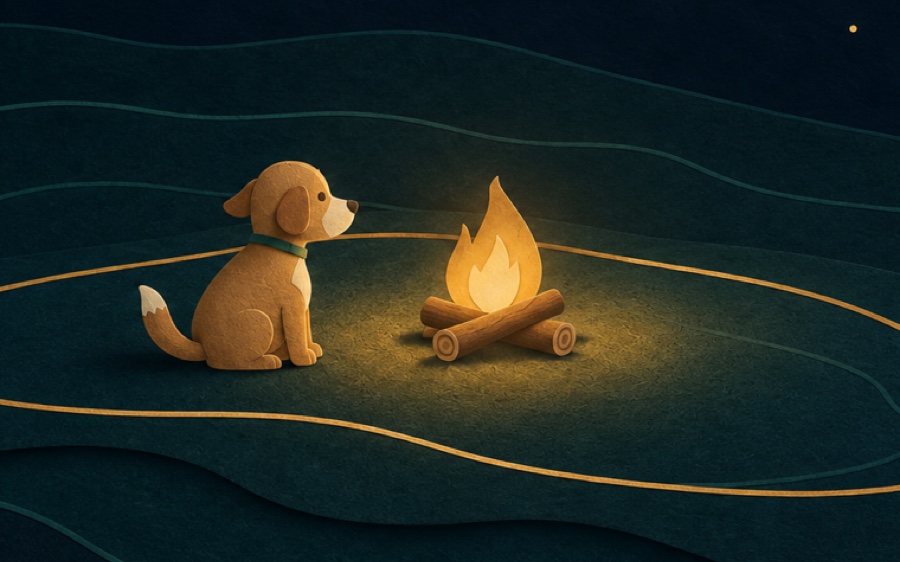 Cut-paper scene: a small brown dog sits beside a campfire of crossed logs on dark layered ground, inside a gold contour ring.