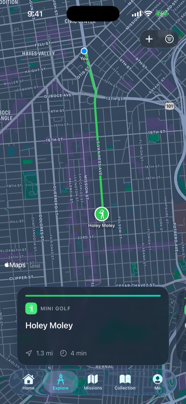 A dark-mode map with a route from your location to a nearby place, and a card naming it with distance and walking time.