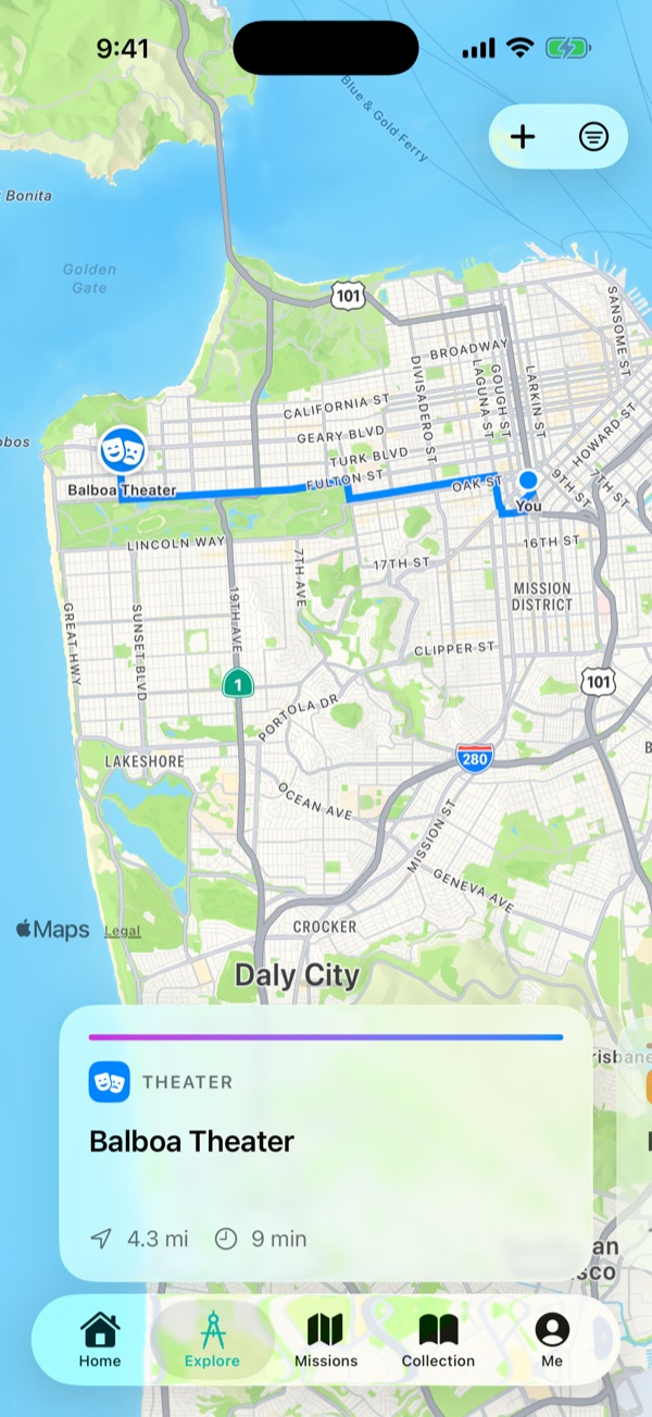 A map with a route drawn from your location to a nearby place, and a card at the bottom naming it with distance and walking time.