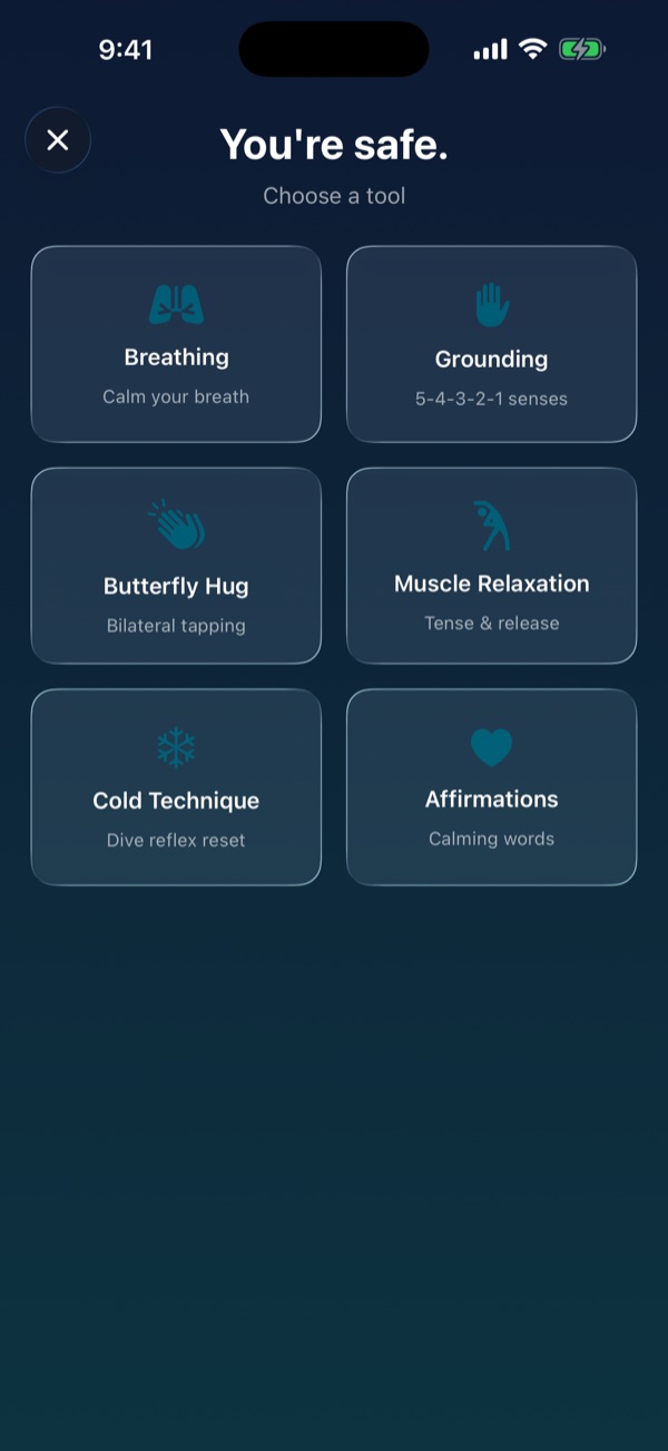 A calming-tools screen headed You're safe with six grounding tools: Breathing, Grounding, Butterfly Hug, Muscle Relaxation, Cold Technique, Affirmations.
