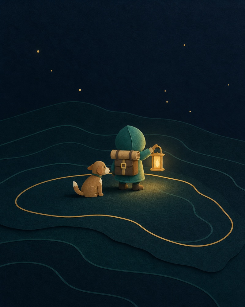 Cut-paper scene: a small hooded traveler in a teal felt cloak with a bedroll, holding a glowing lantern, a small dog sitting beside them, on layered dark ground ringed by one gold contour.