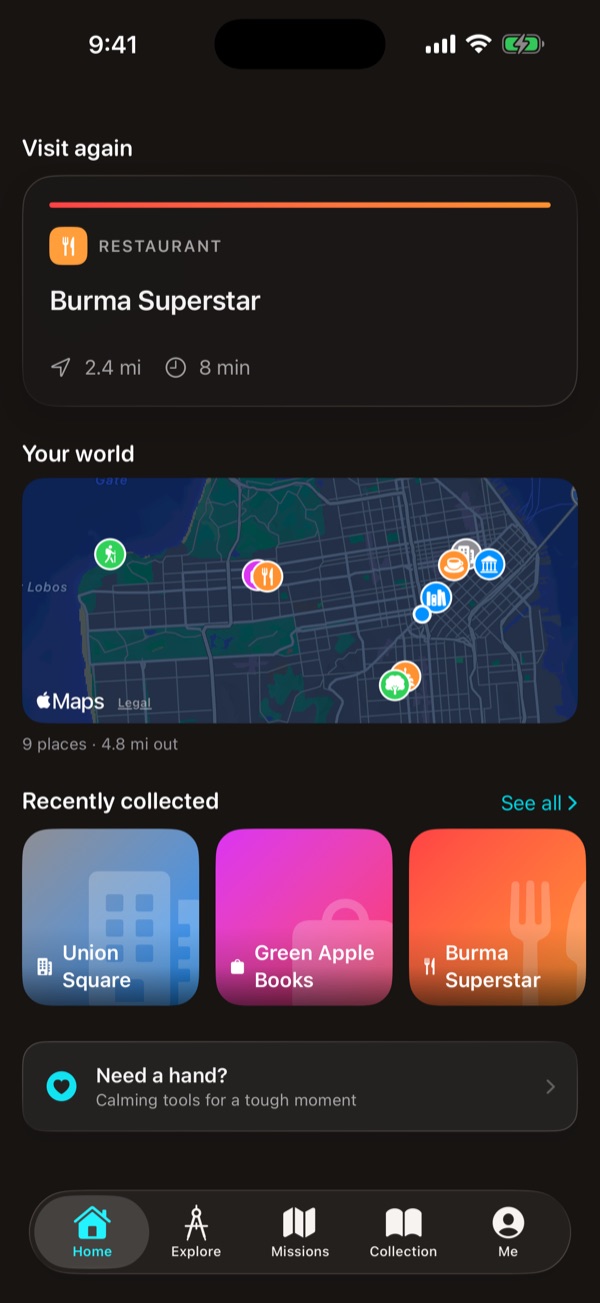 Home screen in dark mode with a Visit again card, a muted map labeled Your world, and recently collected place cards.