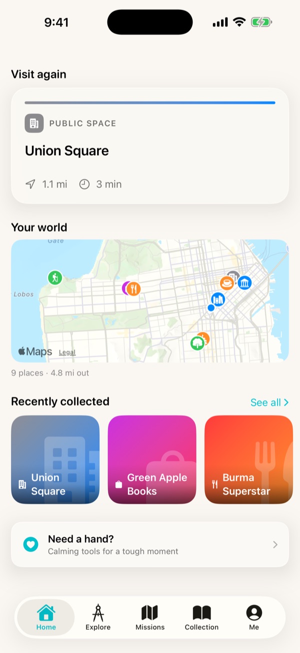Home screen with a Visit again card for a nearby place, a muted map labeled Your world showing collected places, and a row of recently collected place cards.