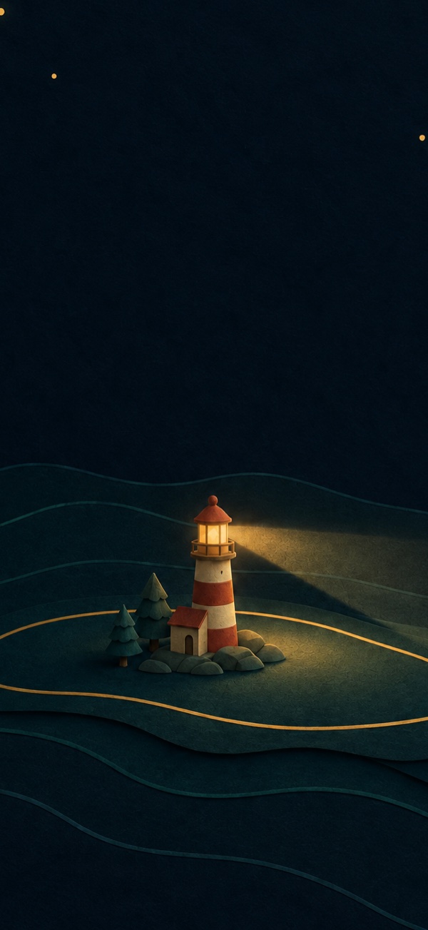 Cut-paper scene: a small red-and-white lighthouse with a lit lamp room and two pine trees, its beam sweeping across dark layered ground inside a gold contour ring.
