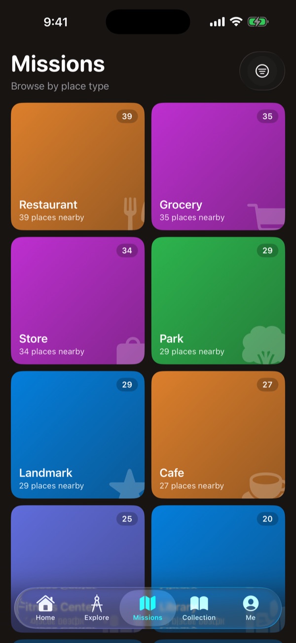 A dark-mode Missions screen to browse by place type, with colourful tiles for each category showing how many places are nearby.