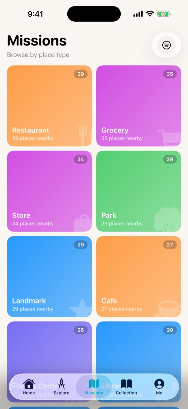 A Missions screen to browse by place type, with colourful tiles for Restaurant, Grocery, Store, Park, Landmark, and Cafe, each showing how many places are nearby.