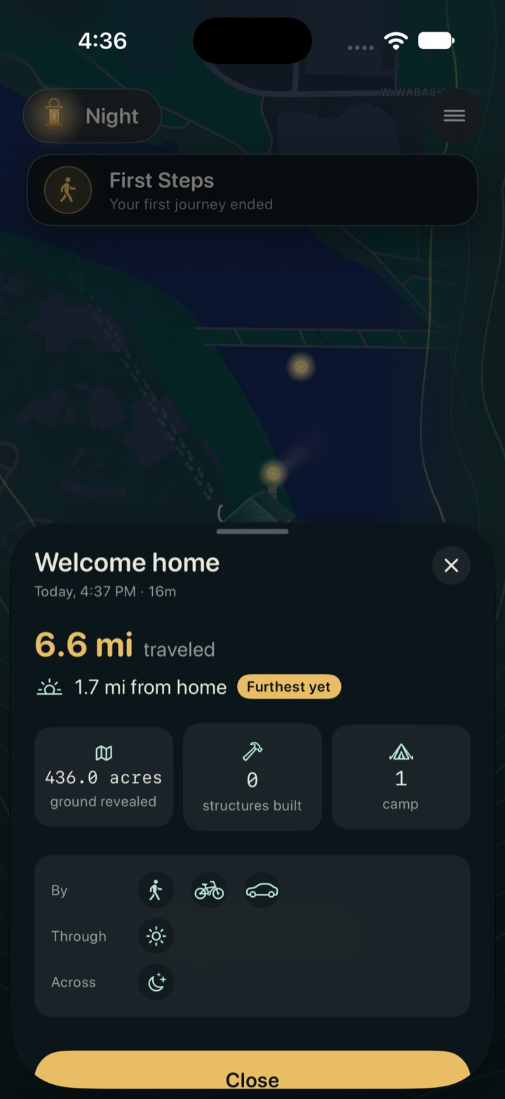 A Welcome home card over the night map: 6.6 miles traveled, 1.7 miles from home marked Furthest yet, 436 acres of ground revealed, one camp, by foot, bike and car.